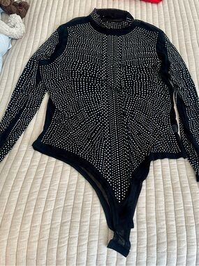 Black Rhinestone Mesh Long Sleeve High-Neck Bodysuit